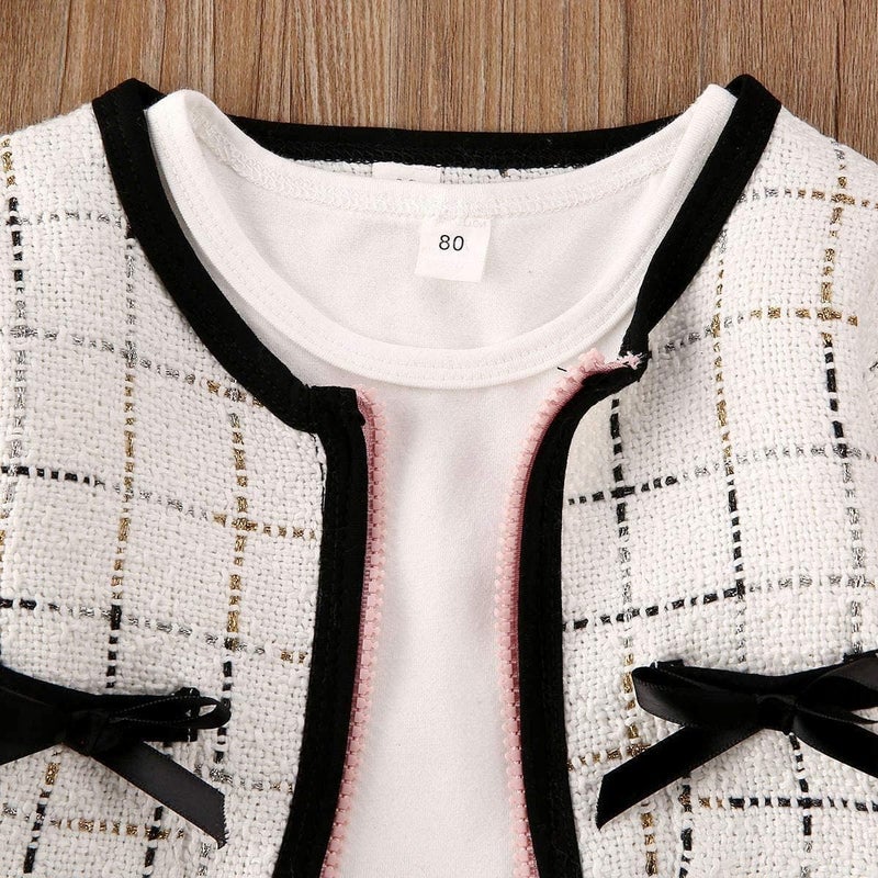 BOIZONTY Toddler Kids Baby Girls Plaid Skirt Set Cardigan Jacket Coat + Tutu Dress Set Long Sleeve Outfits Fall Outfit Set (Zip Up White, 2-3 Years) - Image 5